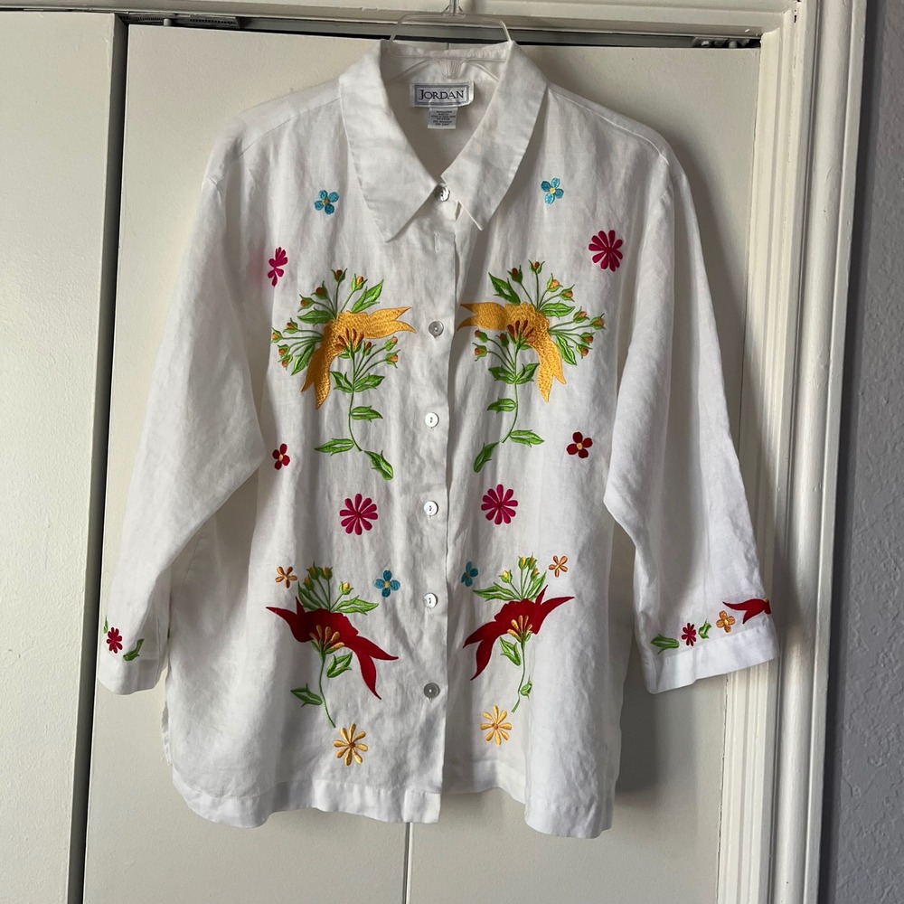 Jordan White 100% Linen Embroidered Floral‎ Button Down Shirt Womens XL Vintage